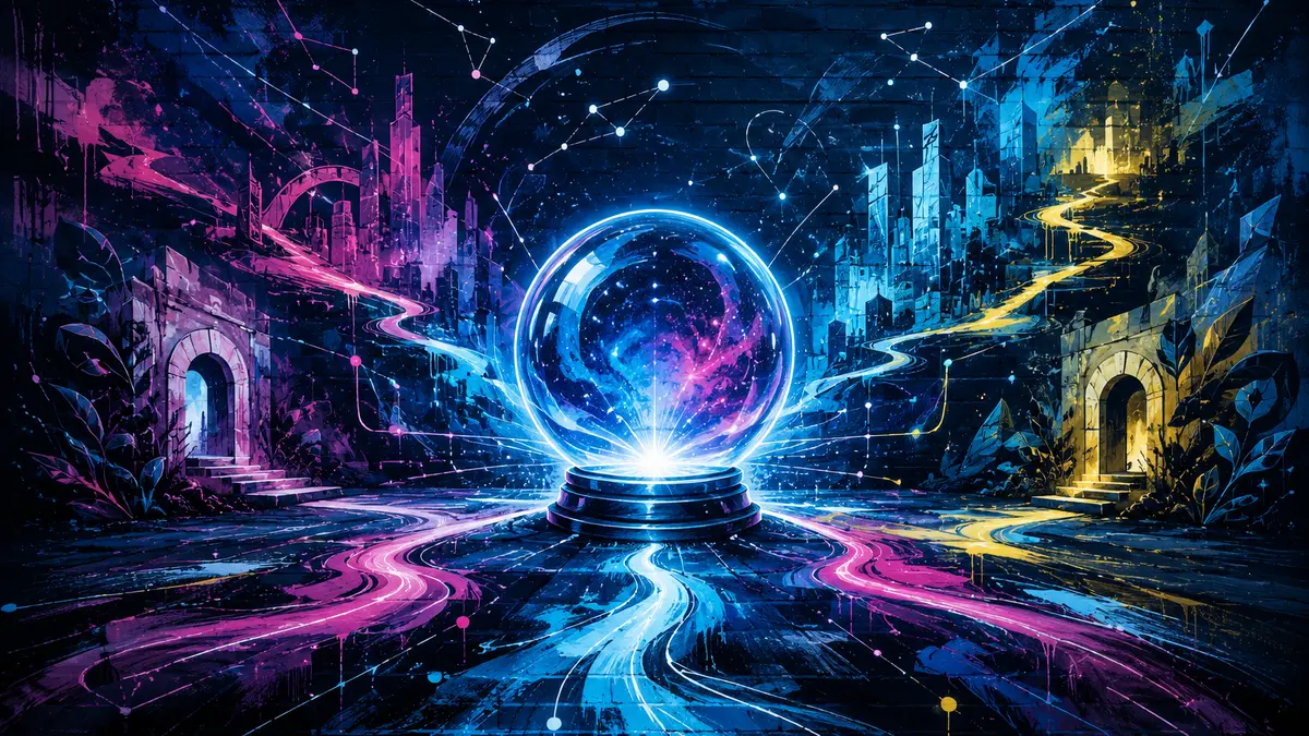 Prédictions de voyance 2026 représentées par une boule de cristal et plusieurs chemins